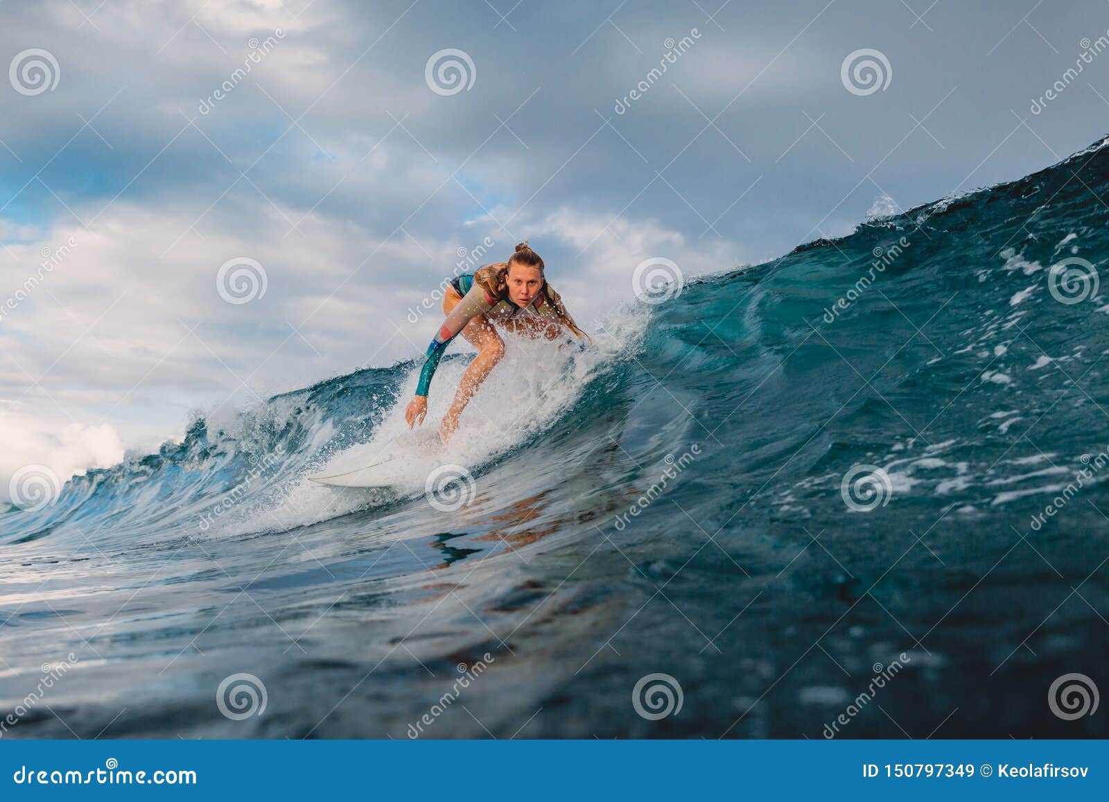 Beautiful Surfer Girl On Surfboard Woman In Ocean During Surfing Surfer And Barrel Wave Stock 