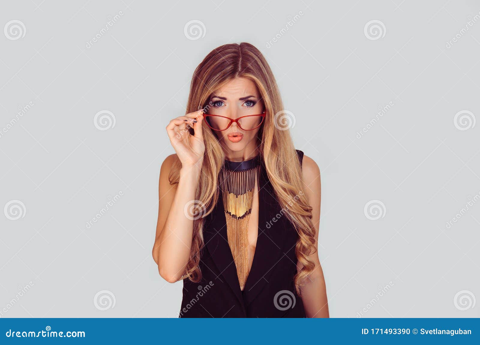 Beautiful Surprised Excited Middle Age Woman In Eyeglasses