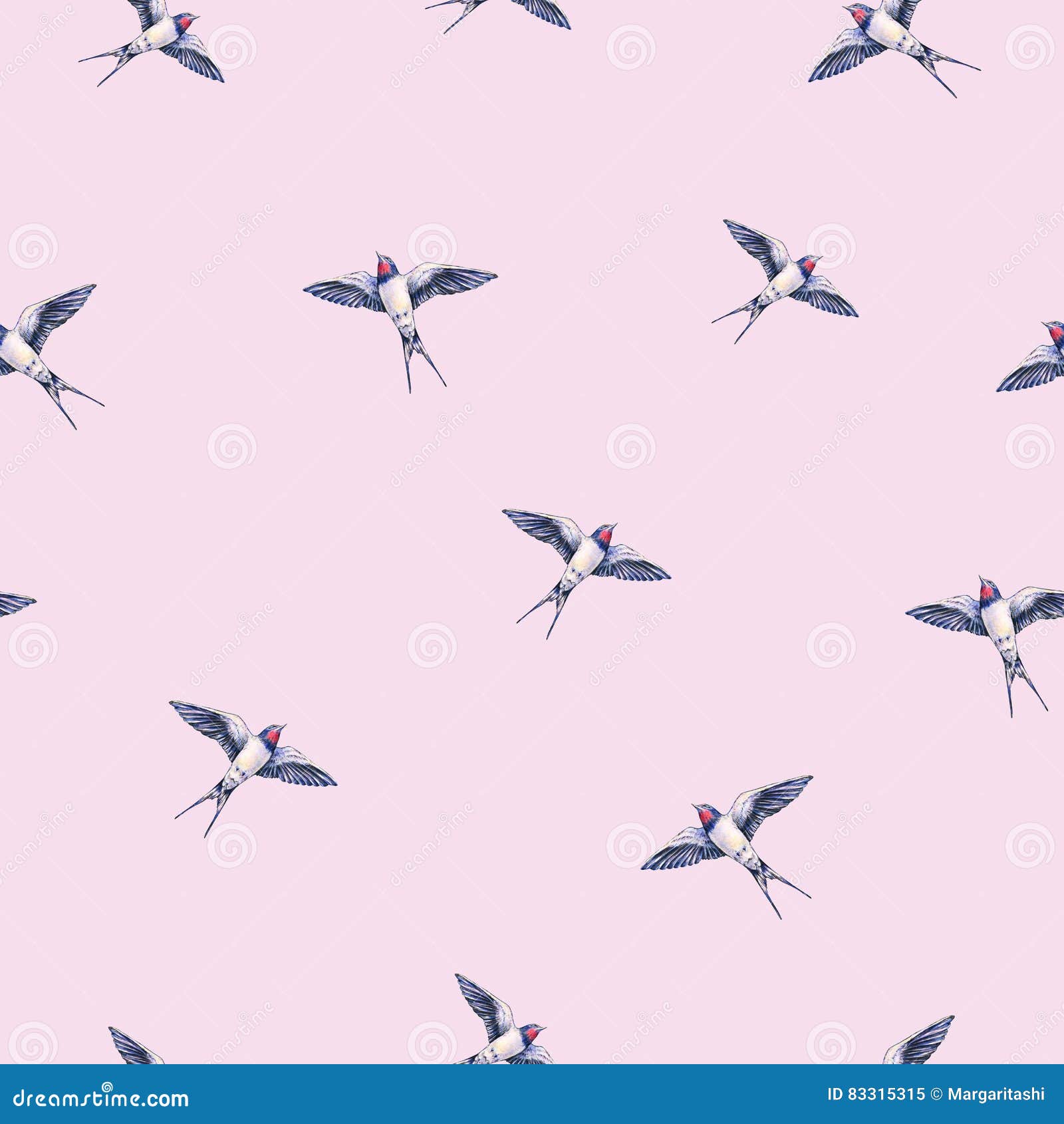 beautiful swallow on a pink background. watercolor . spring bird brings love. handwork. seamless pattern