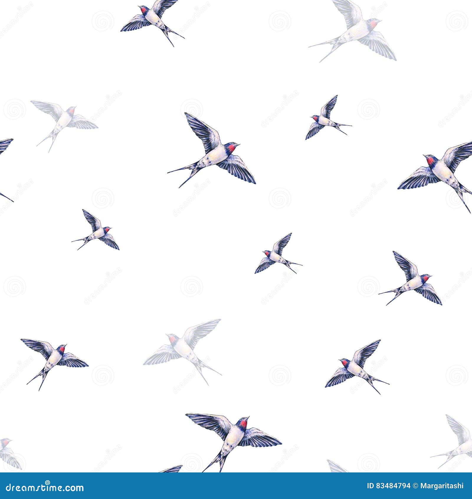 beautiful swallow on a white background. watercolor . spring bird brings love. handwork. seamless pattern
