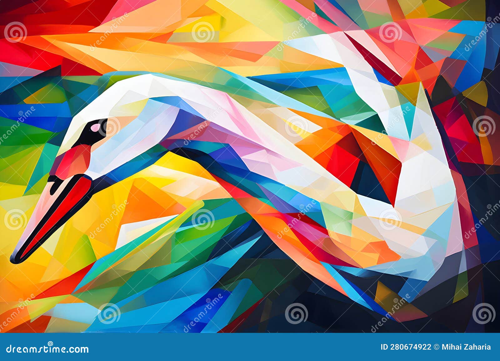 a beautiful swan, modern artwork, abstract colorful painting with geometric s. hand drawn digital painting. generative ai