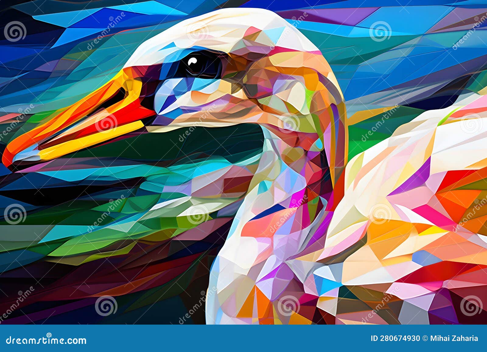 a beautiful swan, modern artwork, abstract colorful painting with geometric s. hand drawn digital painting. generative ai