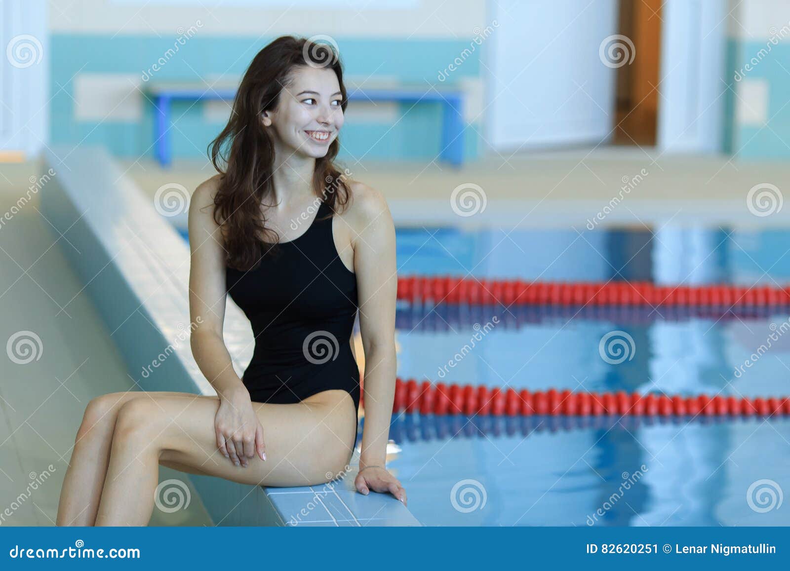 Beautiful Swimmer Woman At Pool Look Away From The Camera Copy Space Stock Image Image Of