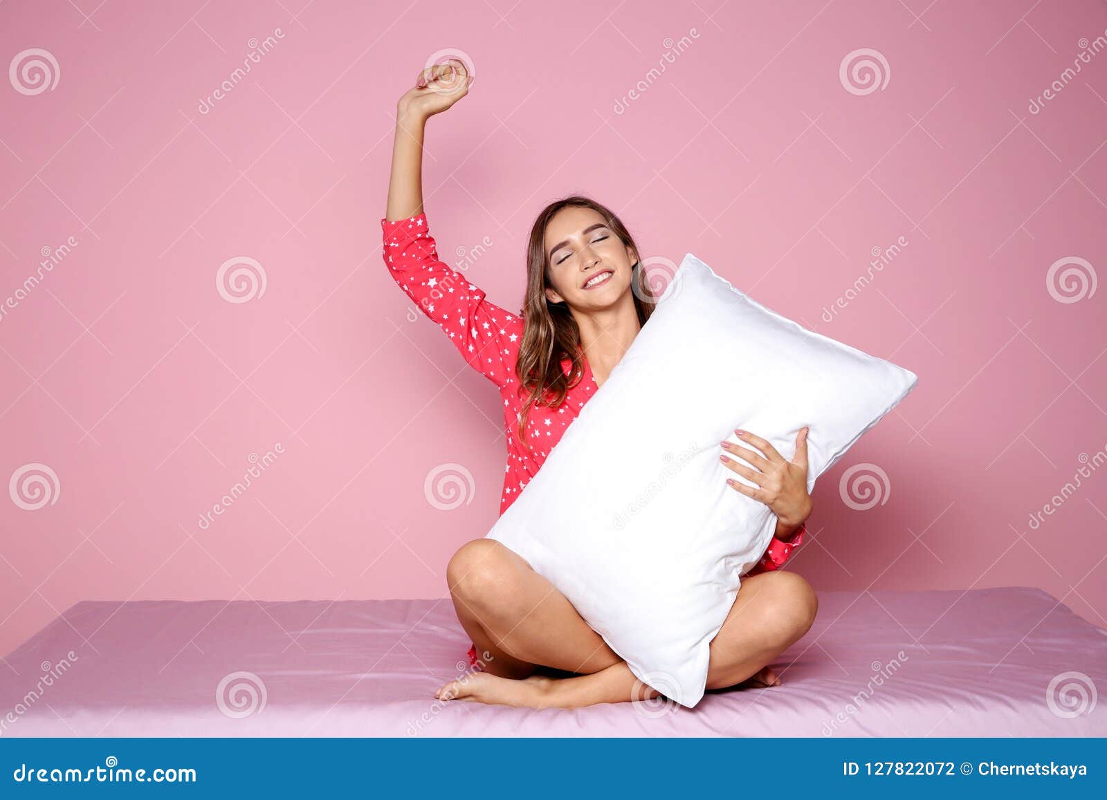 Beautiful Teen Girl Hugging Pillow On Bed Stock Photo Image Of