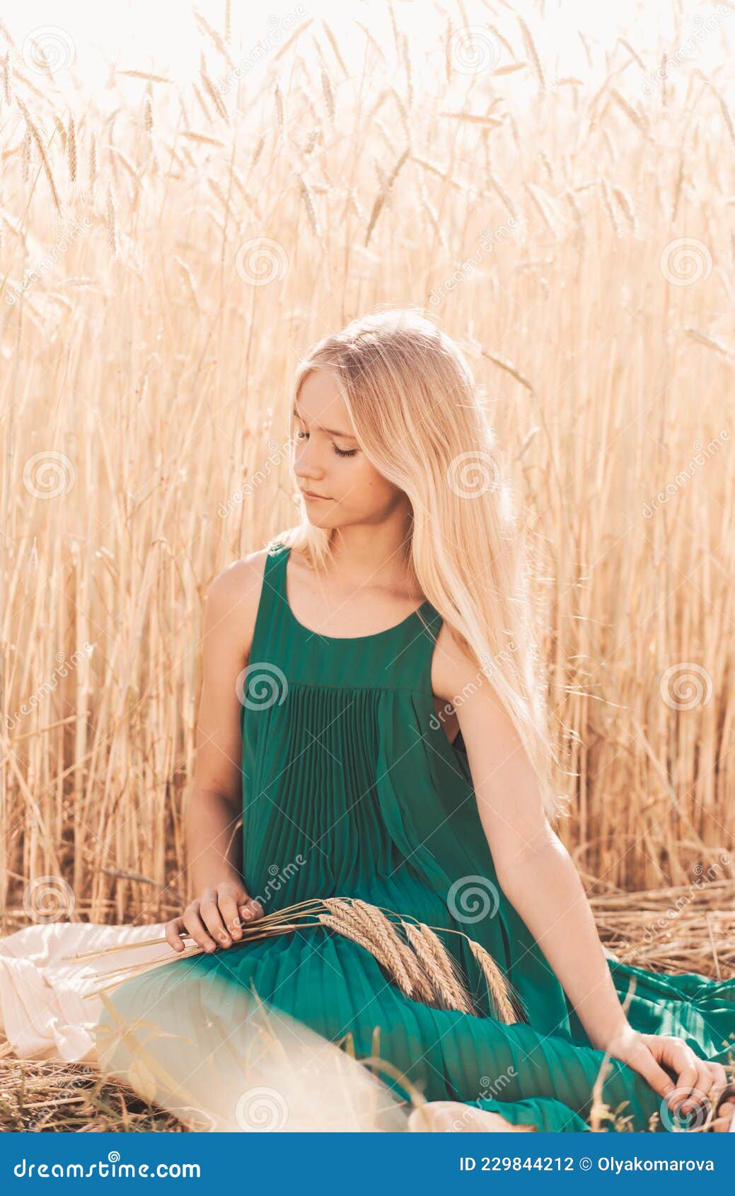 Beautiful Teenage Girl with Long White Hair Walking through a Wheat ...