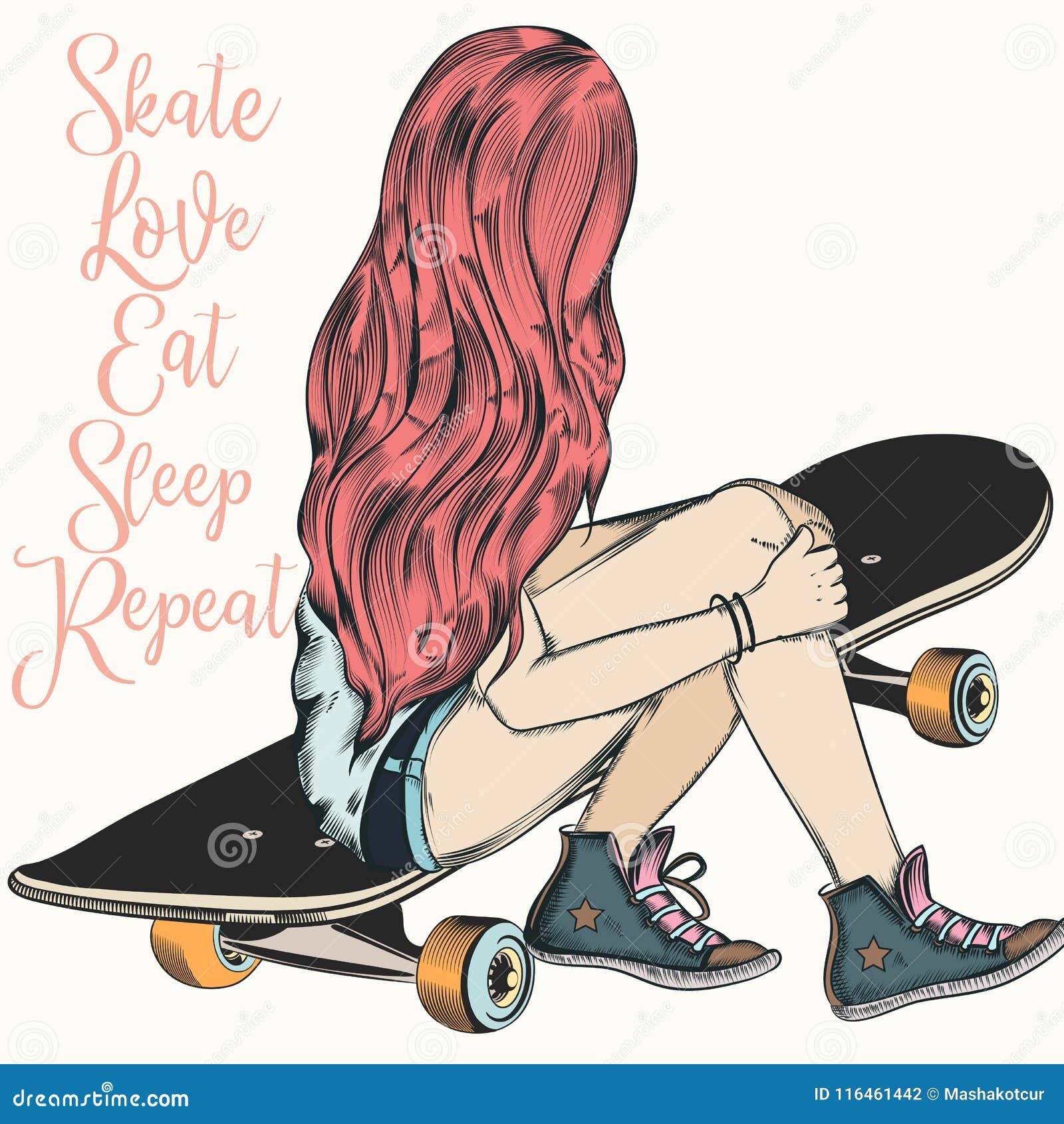 Beautiful Teenager Girl With Pink Hair Sit On A Skateboard Fashion Illustration Stock Vector