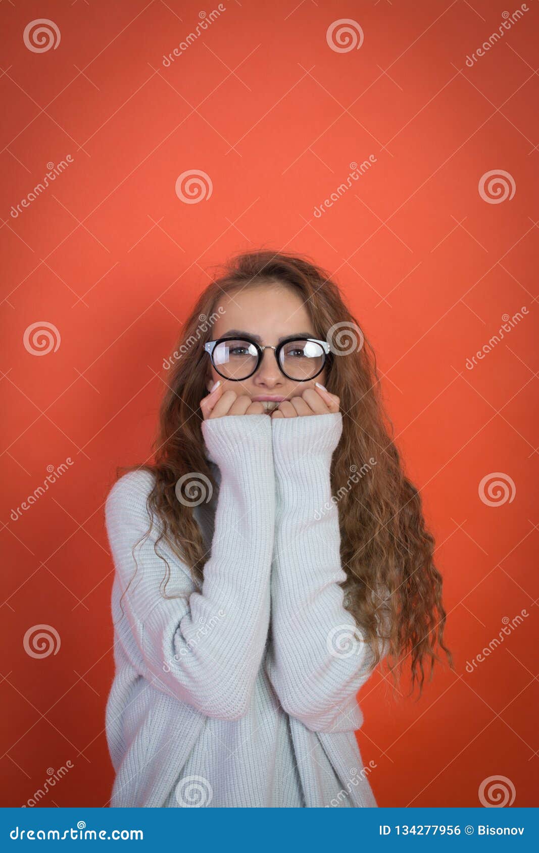 Beautiful Teenager Girl In White Sweater And Glasses Stock