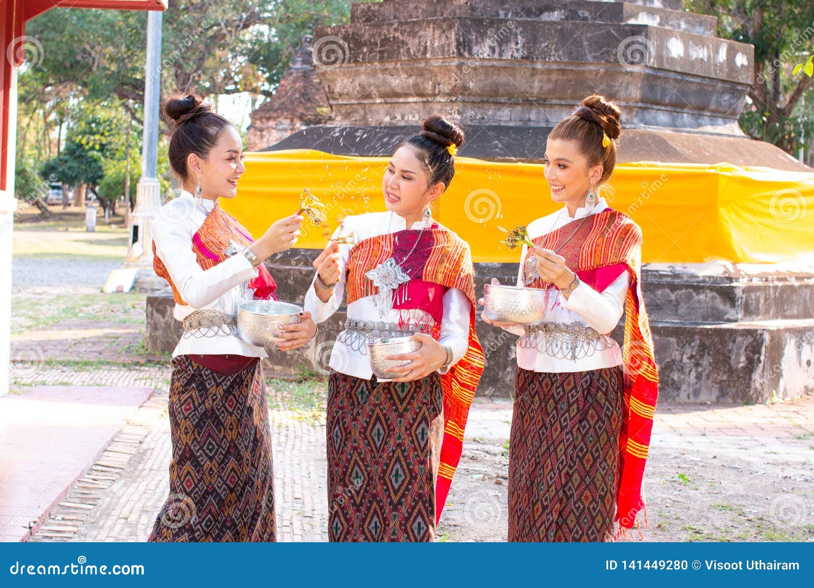 Asian Woman Wearing Typical, Traditional Thai Dress. Stock 