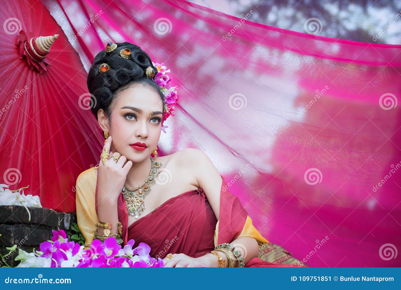 Beautiful Thai Girl In Traditional Dress Costume In Choeng Tha A Stock 
