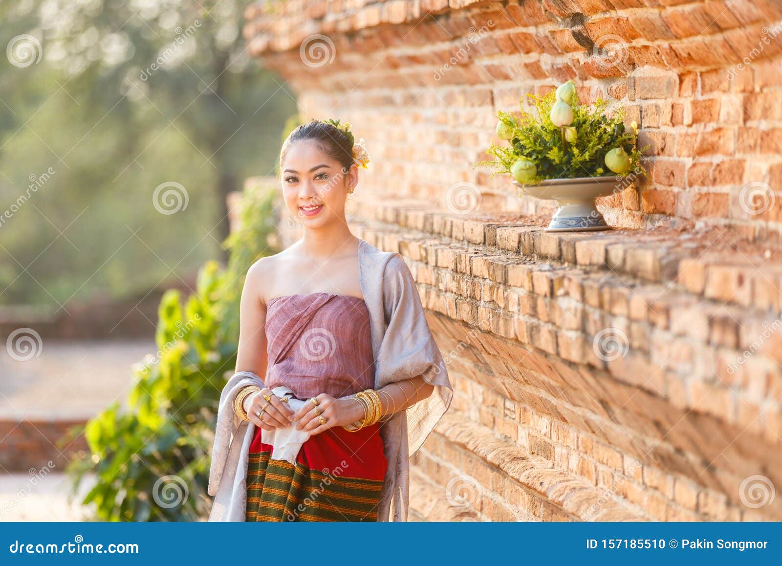 Beautiful Thai Girls In Thai Traditional Costume At Old Temple