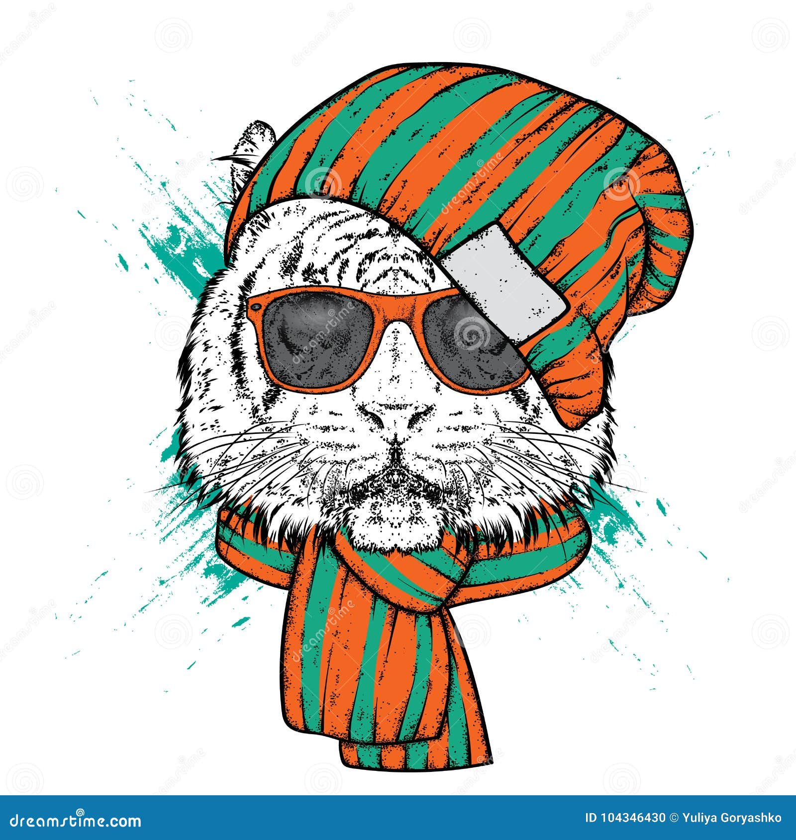 A Beautiful Tiger in a Stylish Hat and Scarf. Vector Illustration for ...