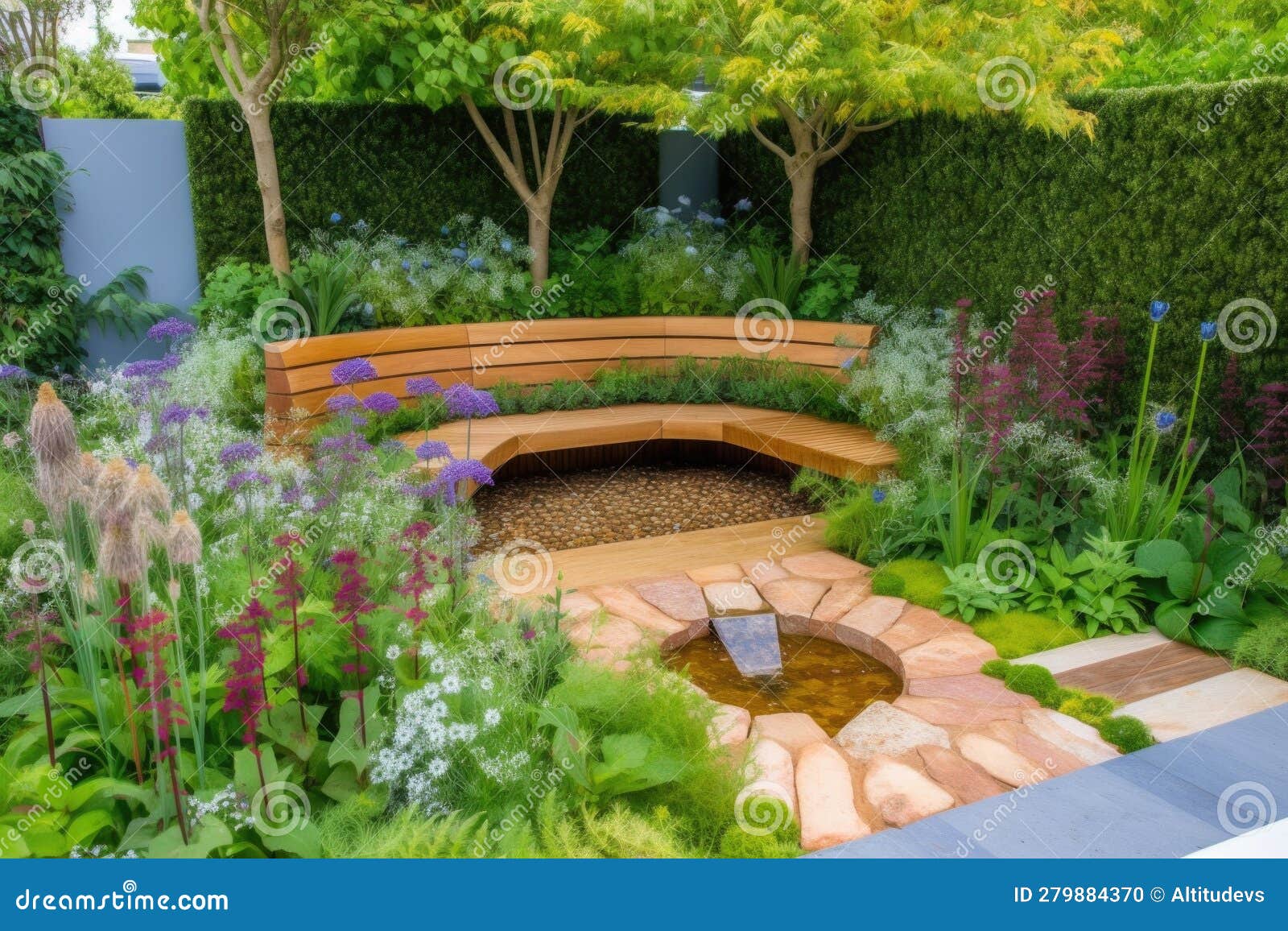 Beautiful and Tranquil Garden with Small Water Feature and Stone Bench