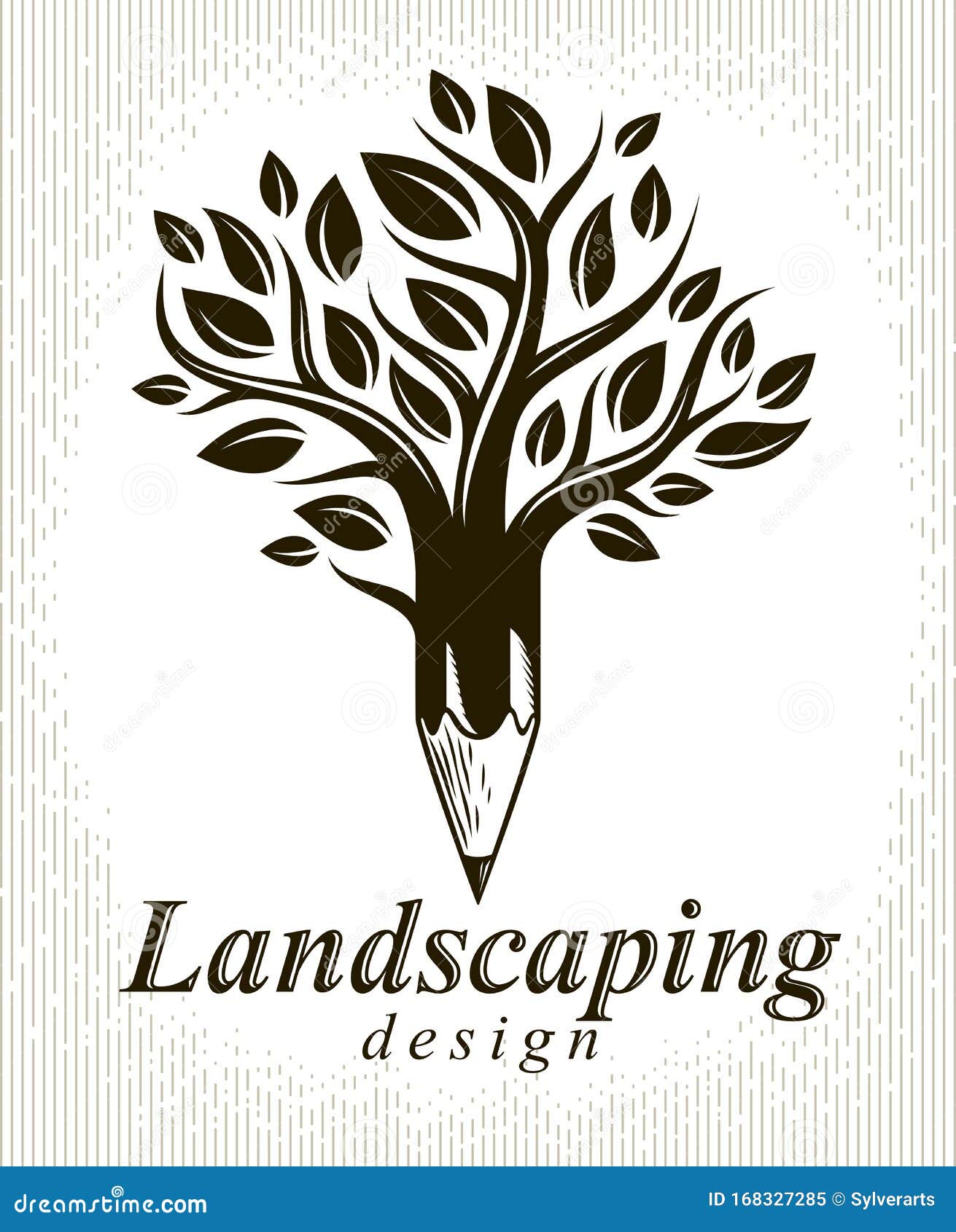 beautiful tree with pencil combined into a , landscaping   classic style logo or icon. creativity concept, art