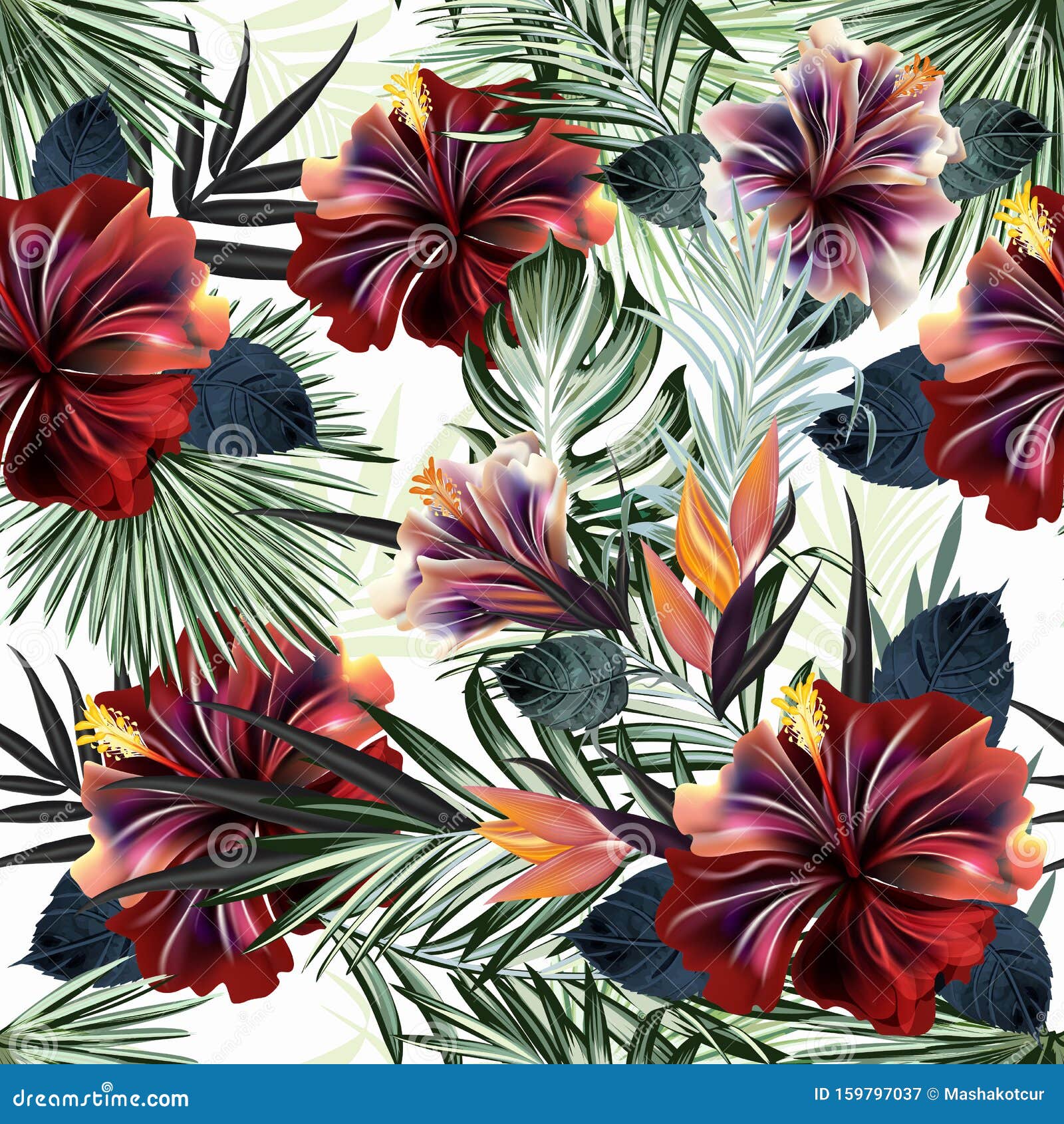 beautiful tropical pattern with green palm leaves and hibiscus flowers  ideal for fabric