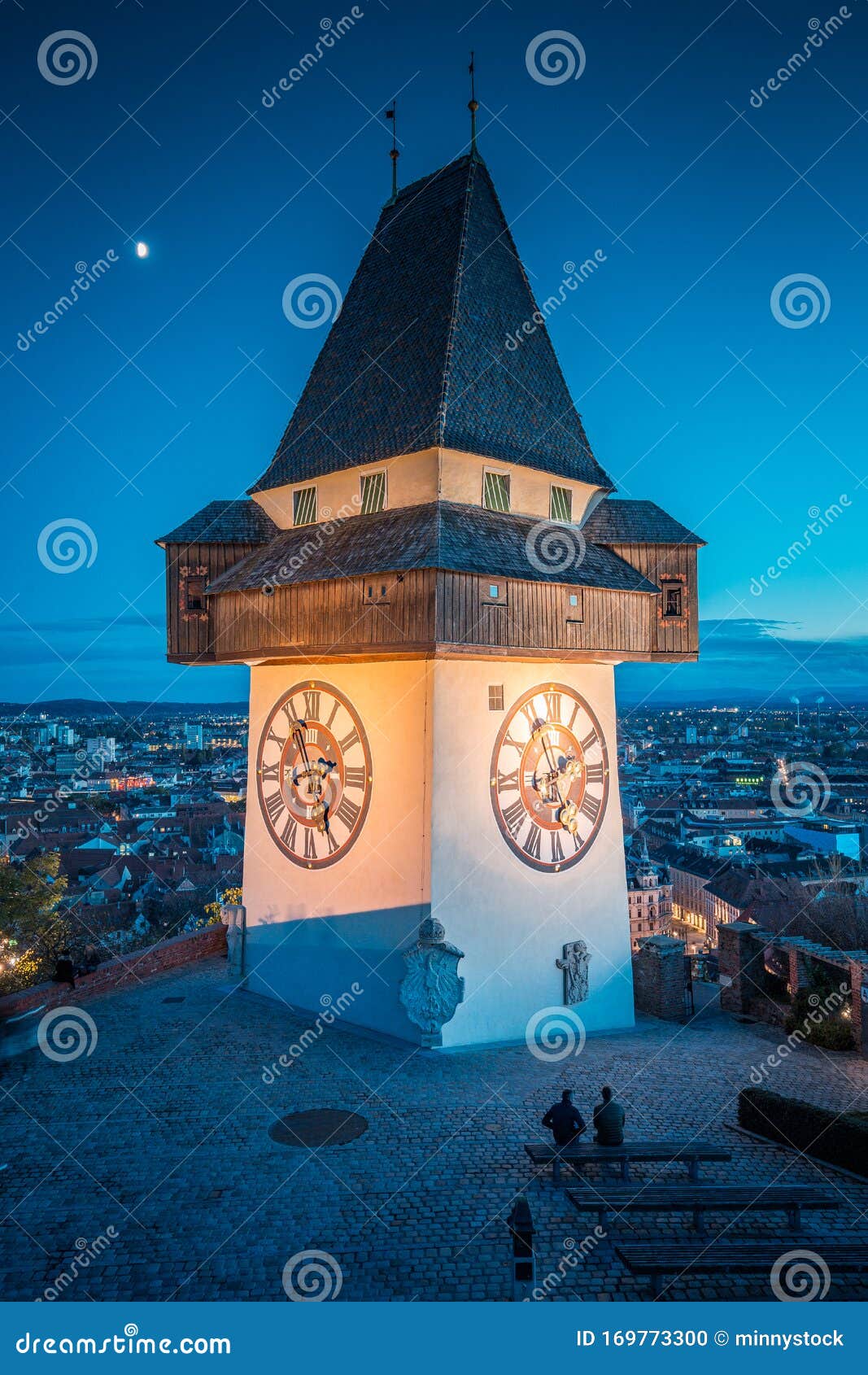grazer uhrturm at night, styria, austria