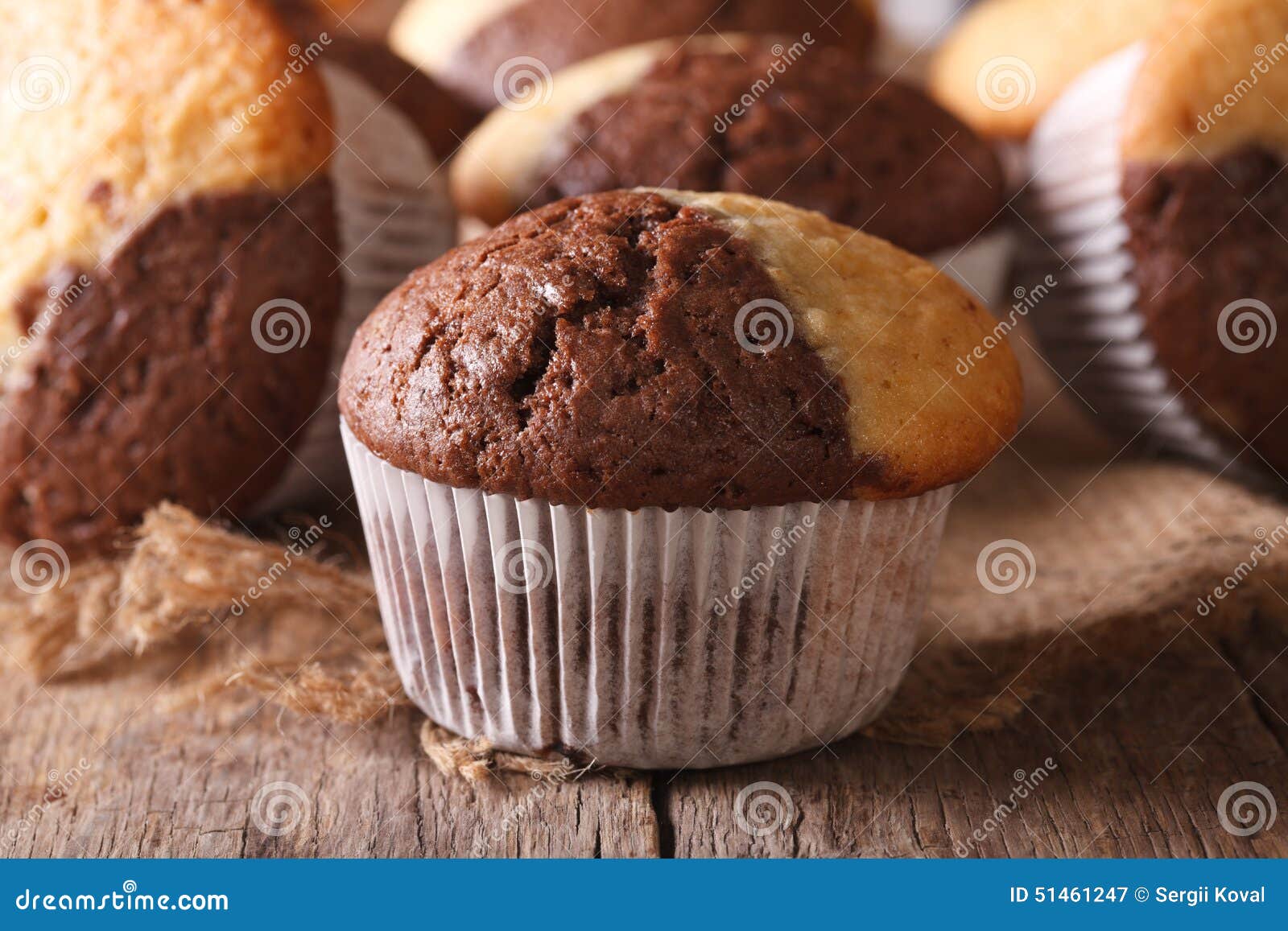 Beautiful Twotone Chocolate Muffins Closeup, Horizontal Stock Image