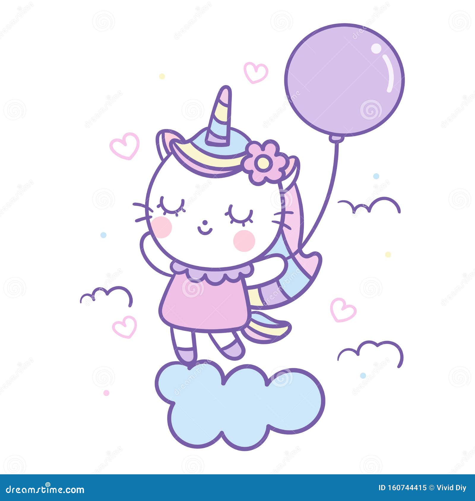 Beautiful Unicorn Cat Cartoon Kawaii Animals Vector Holding Balloon On