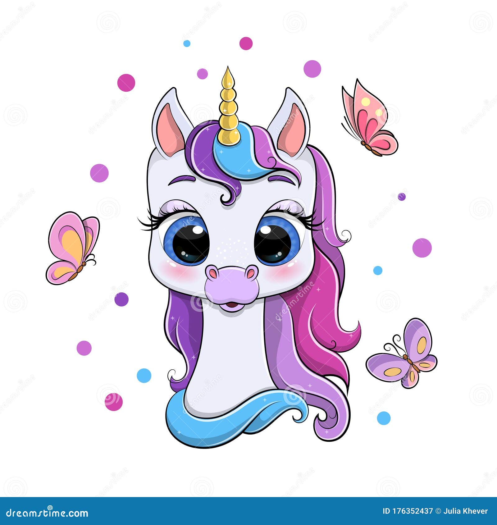 Beautiful Unicorn with Colorful Mane and Golden Horn Amongst Butterflies.  Stock Vector - Illustration of fairy, flowers: 176352437