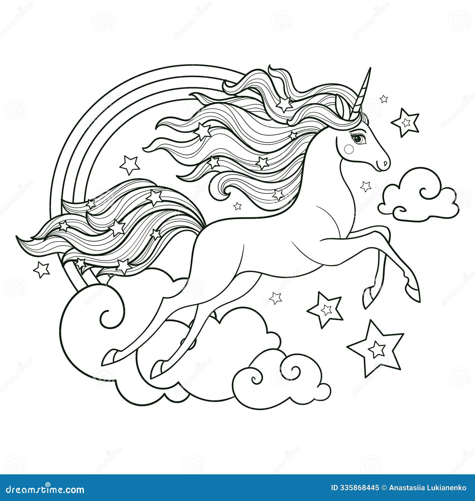 beautiful unicorn and rainbow. black and white linear drawing. 