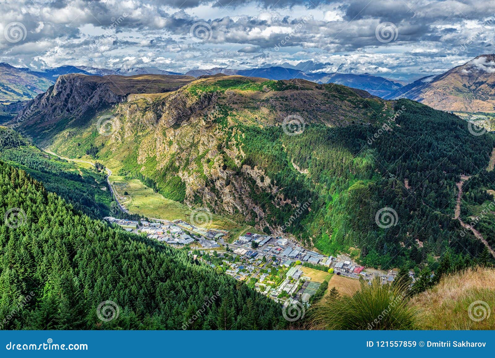 beautiful valley near queenston, new zealand with high mountains and coniferous forest