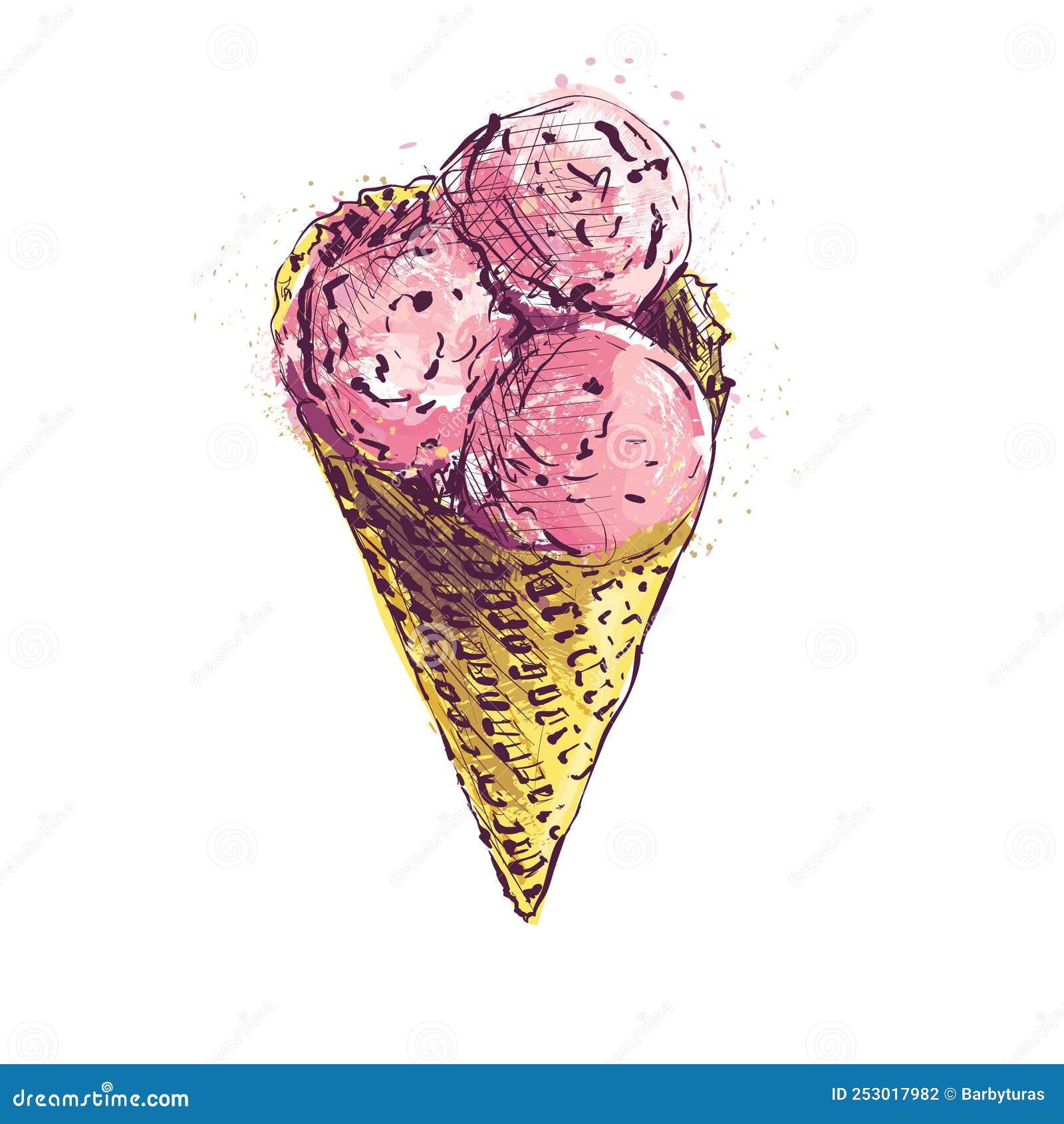 Beautiful Vector Hand Drawn Waffle Cone with Ice Cream Illustration