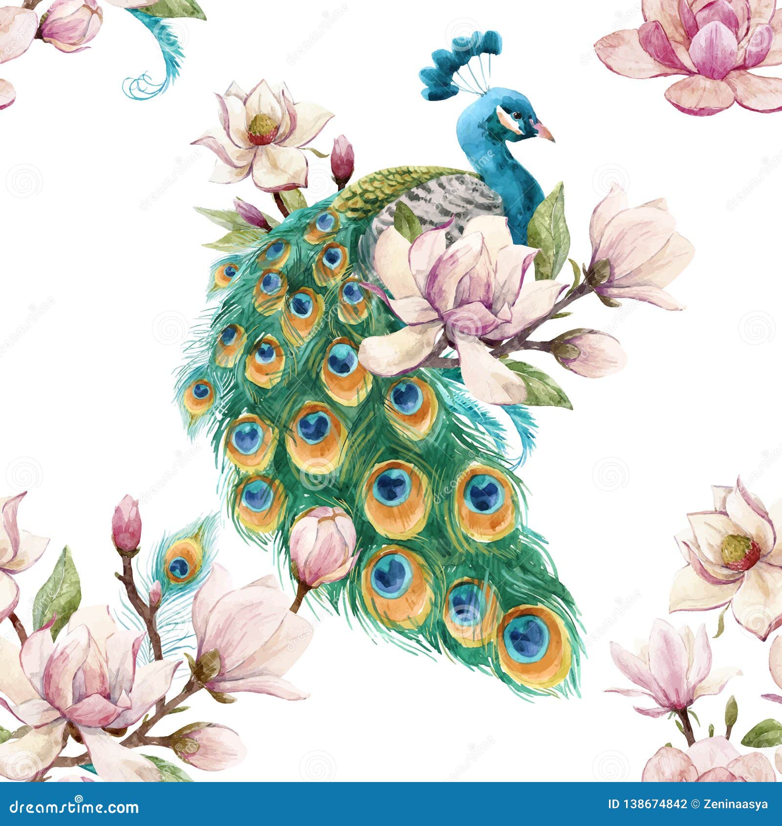 Watercolor Peacock Vector Pattern Stock Vector Illustration Of Floral Artwork 138674842