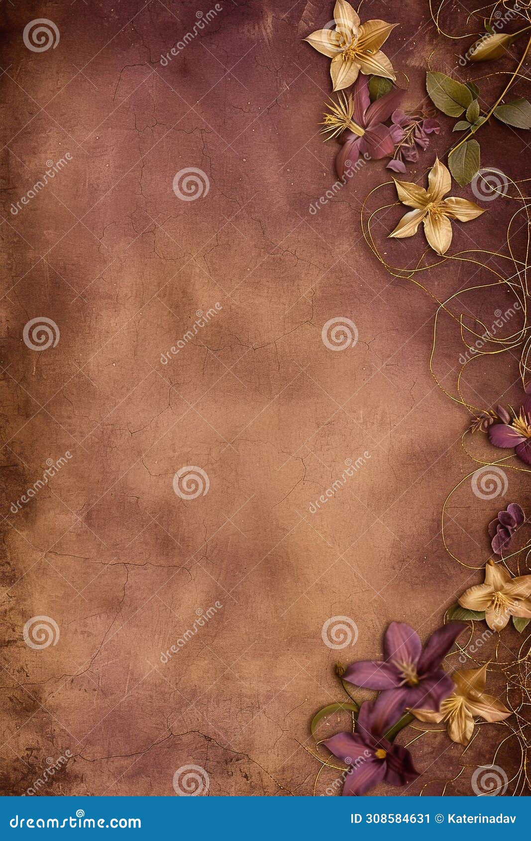 beautiful vertical natura brown background with clematis flowers and space for text, botanical backdrop with copy space on grunge