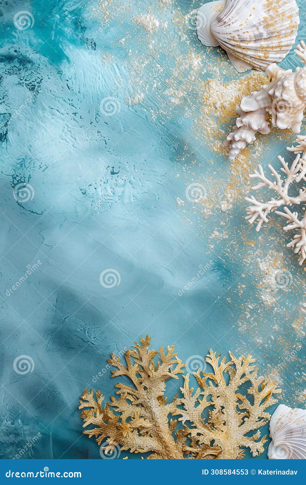beautiful vertical natura turquoise background, ocean theme backdrop with copy space, grunge texture, tropical sea shells, top