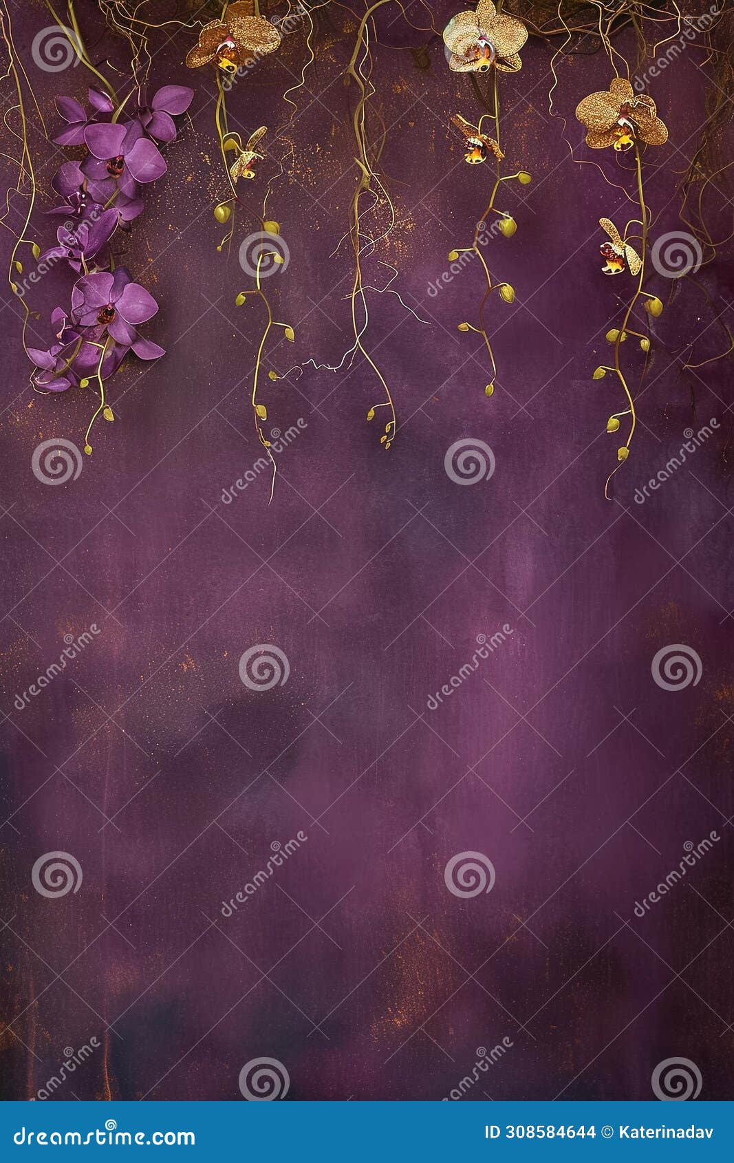 beautiful vertical natura violet background with golden orchids and space for text, botanical backdrop with copy space on grunge