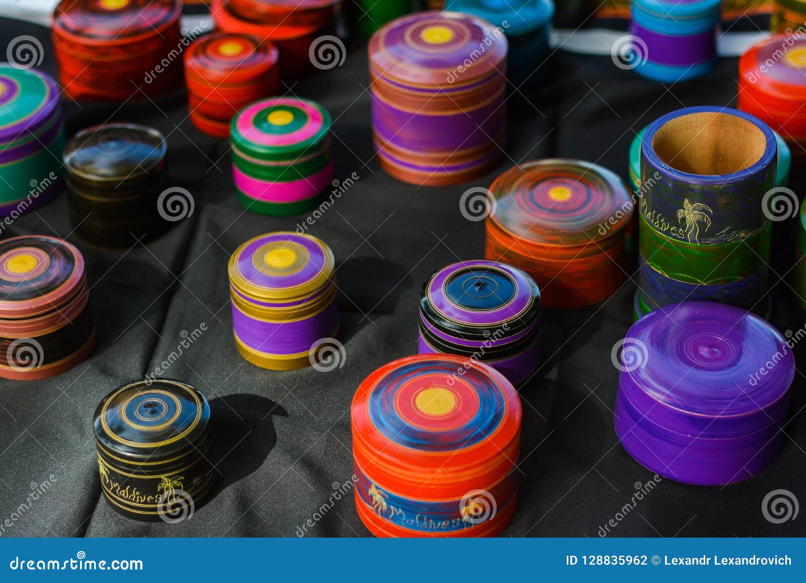 Beautiful Vibrant Painted Handmade Souvenirs Made from Wood Stock Photo