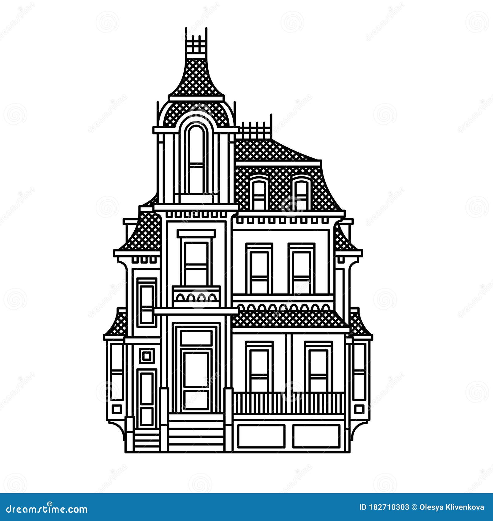 Beautiful Victorian House. Simple Black And White Vector Drawing Stock