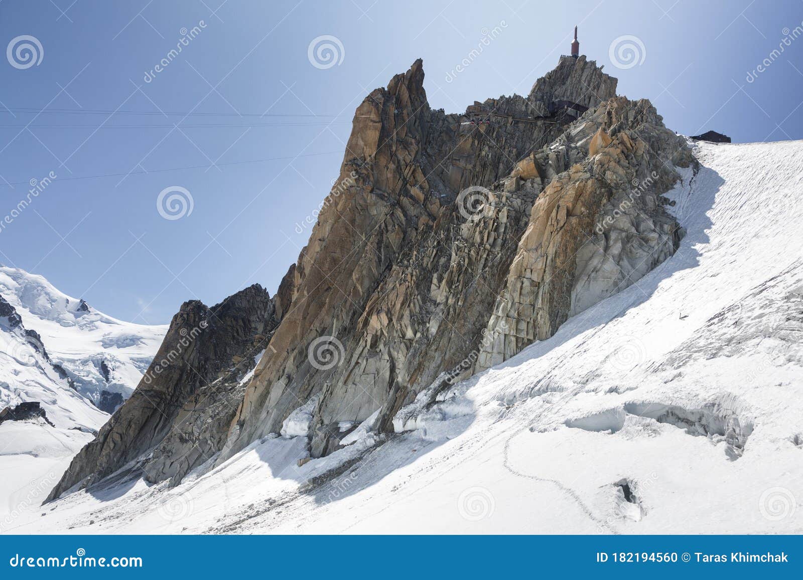 beautiful view of the aiguille du midi from cosmique refuge in the french alps, chamonix mont-blanc, france