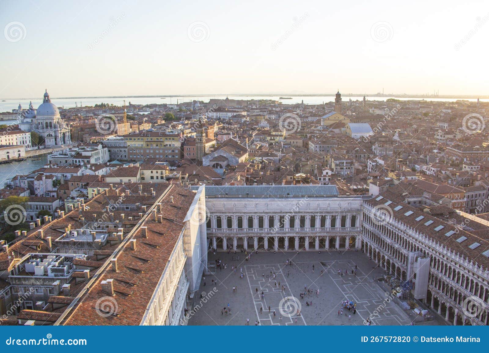 beautiful view from the bell tower of the campanella to the museum correr and the panorama of the city in venice