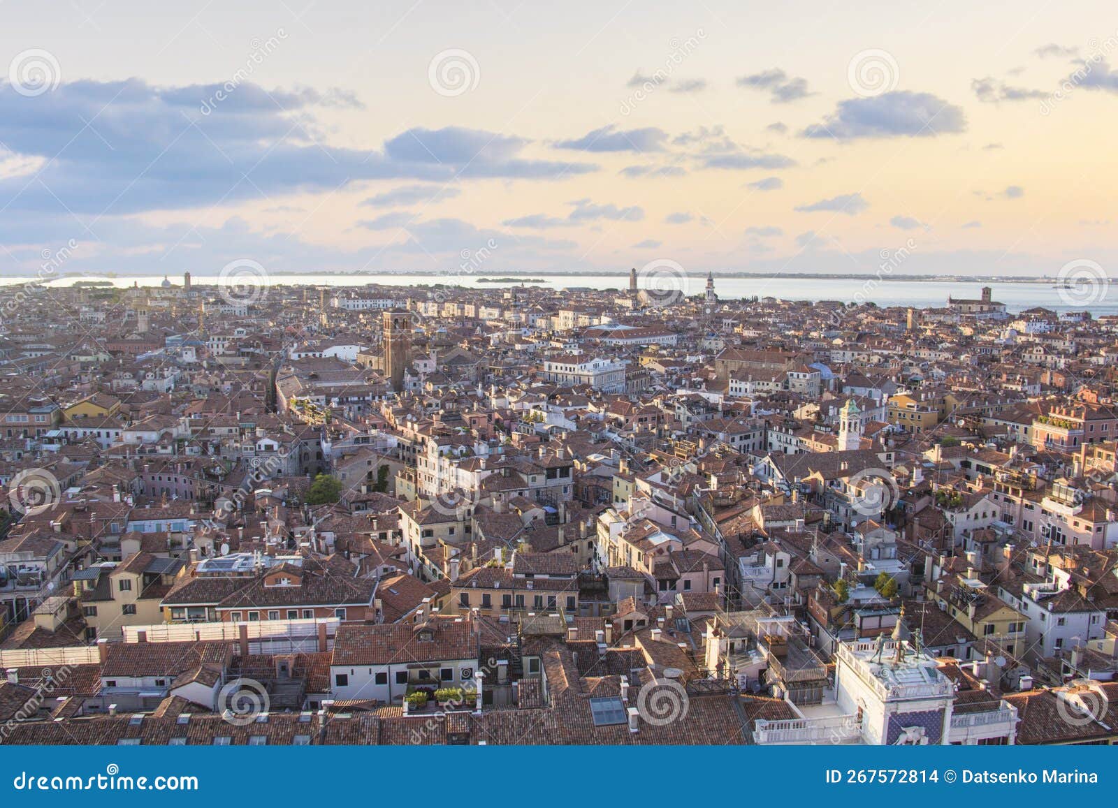 beautiful view from the bell tower of the campanella to the museum correr and the panorama of the city in venice