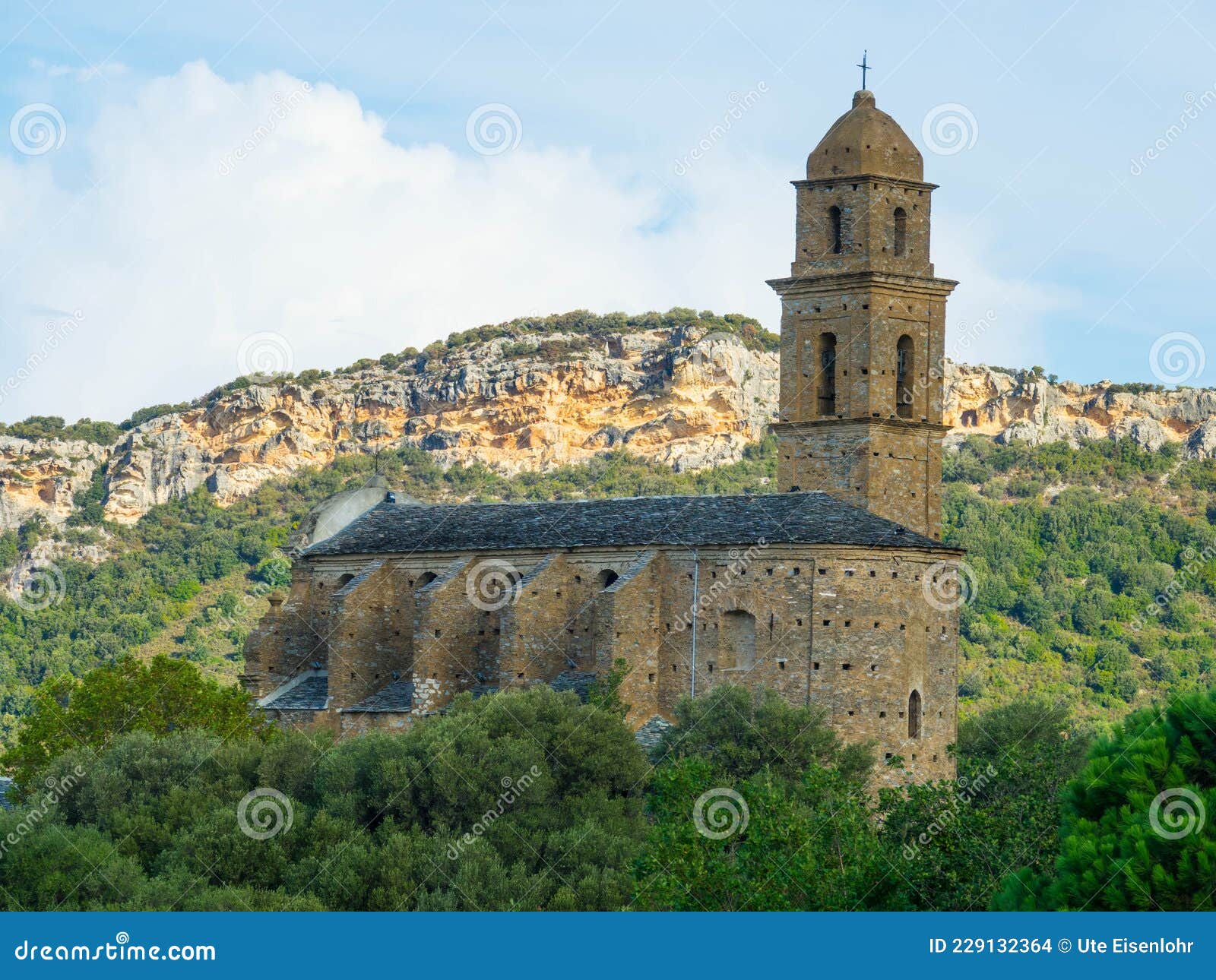 old catholic church in patrimonio mountain village, corsica