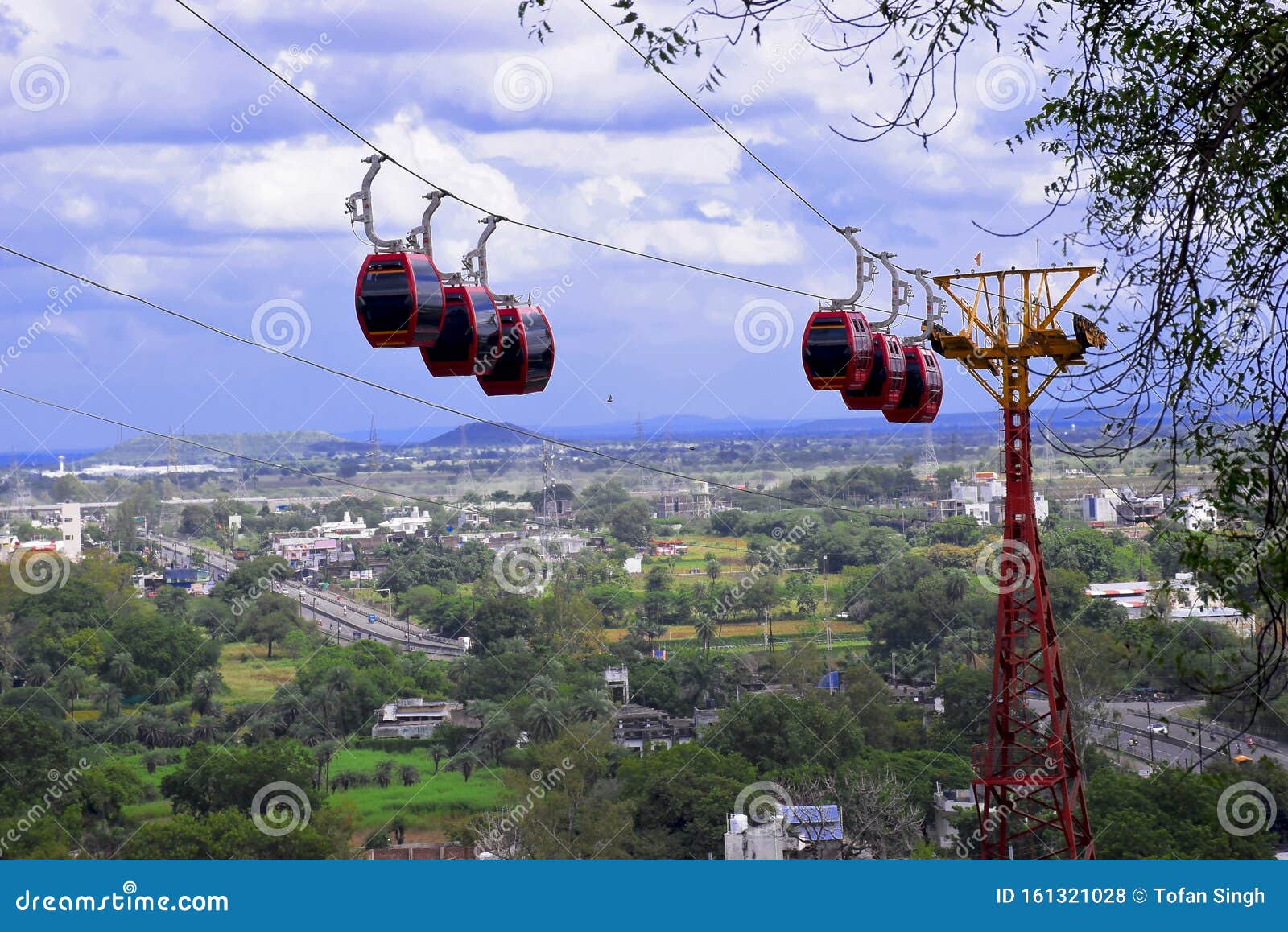 beautiful view of dewas city and rope-way cable car, taken from the temple of maa chamunda and maa tulja bhavani, situated on the