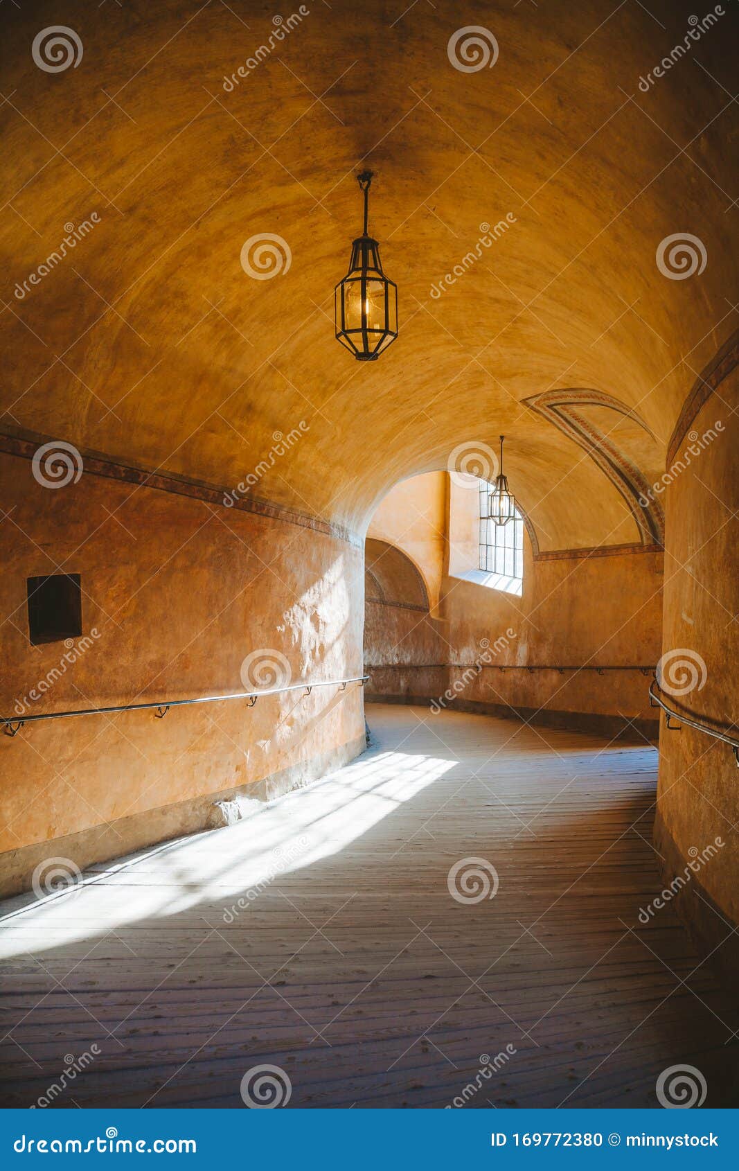 empty hallway at famous cesky krumlov at sunrise, bohemia, czech republic