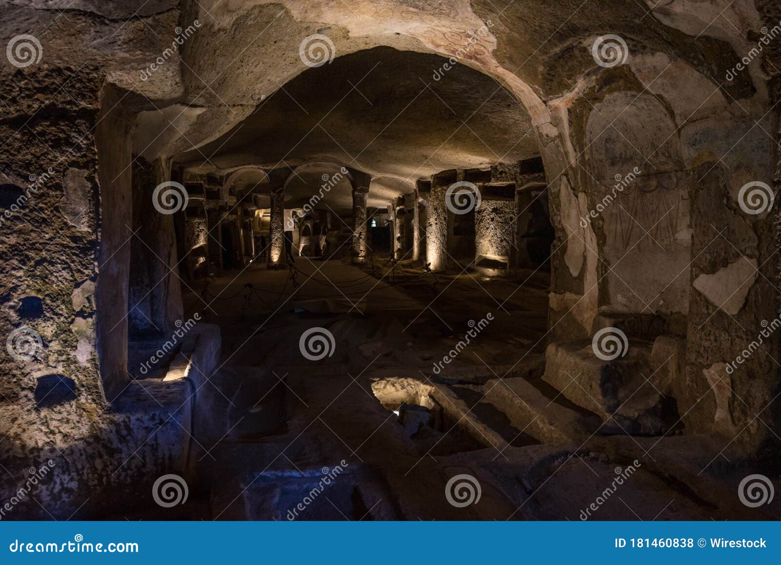 beautiful view of the interior of catacombs of san gennaro, rione sanita in naples, italy
