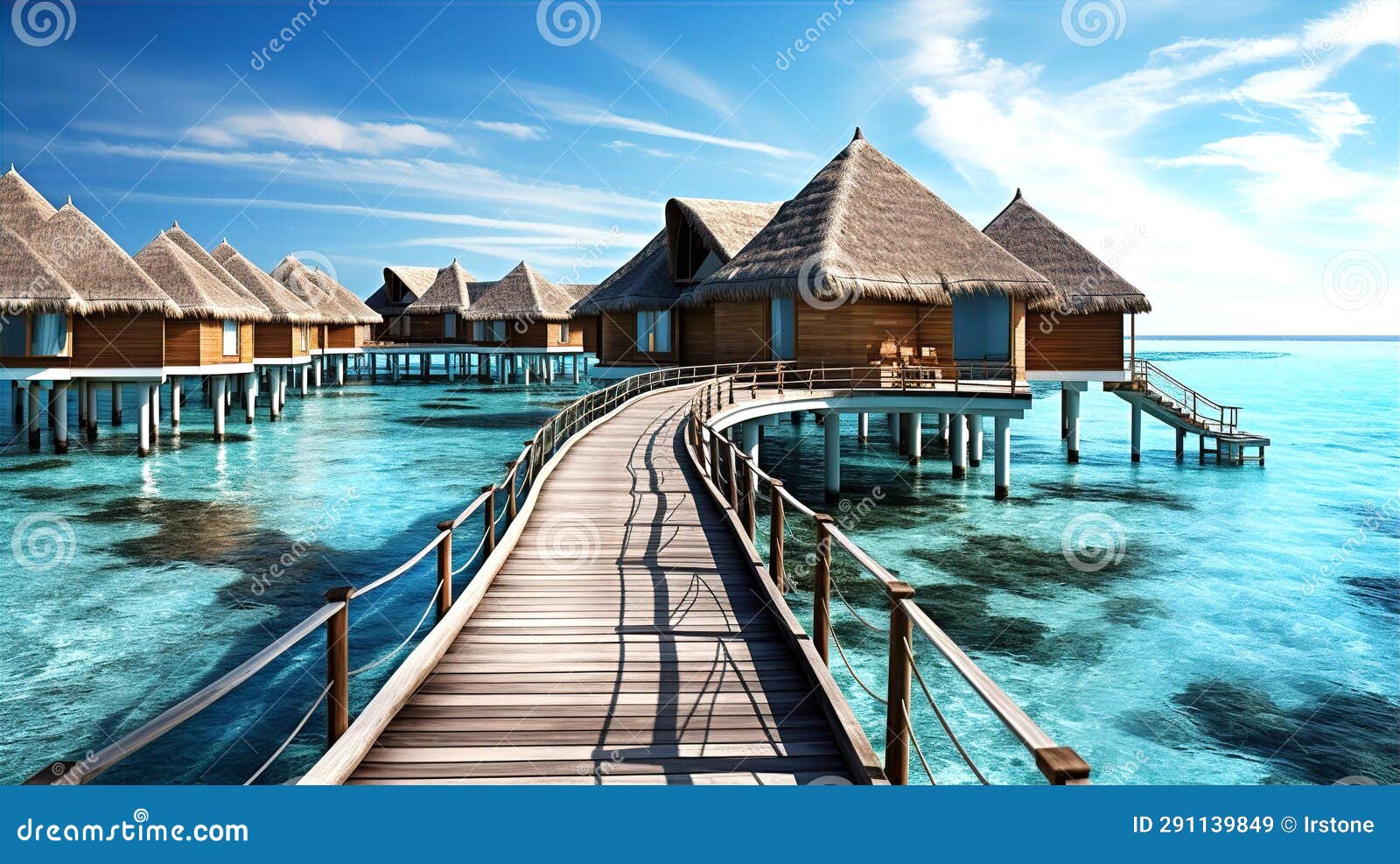 beautiful view at maldivas water villas with wooden walkway above the ocean water, connecting bungalows to island