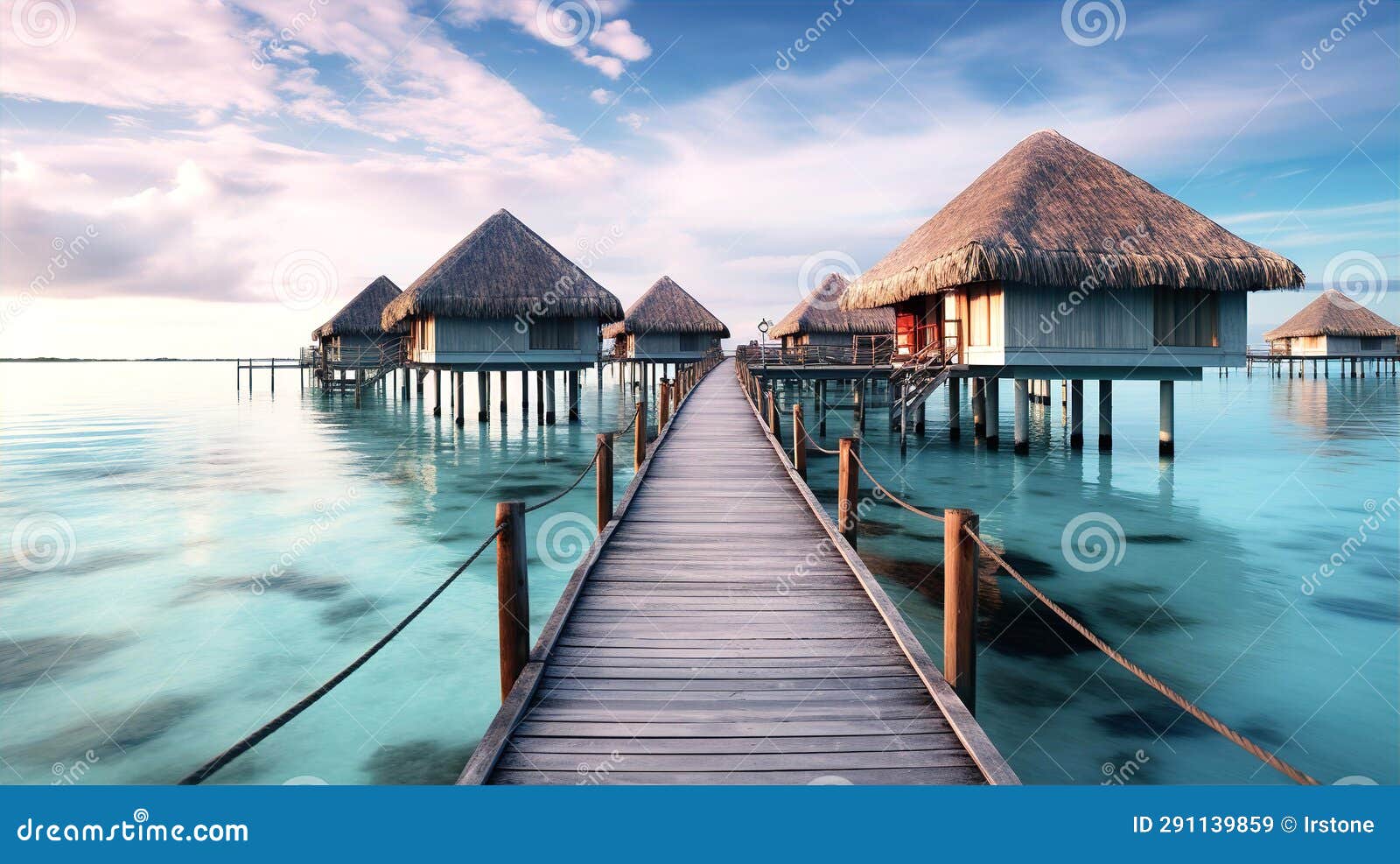 beautiful view at maldivas water villas with wooden walkway above the ocean water, connecting bungalows to island