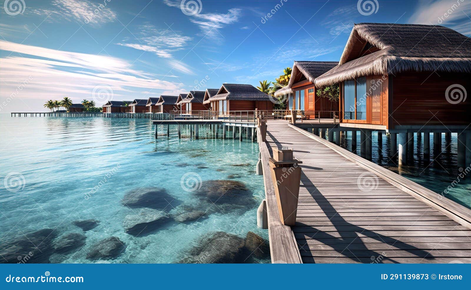 beautiful view at maldivas water villas with wooden walkway above the ocean water, connecting bungalows to island