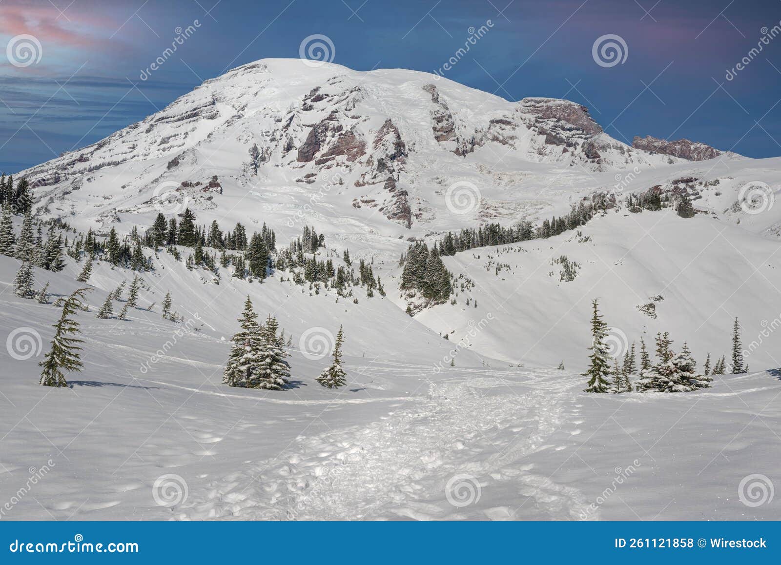 Beautiful View of Mount Rainier in Winter with Footprints in the Snow