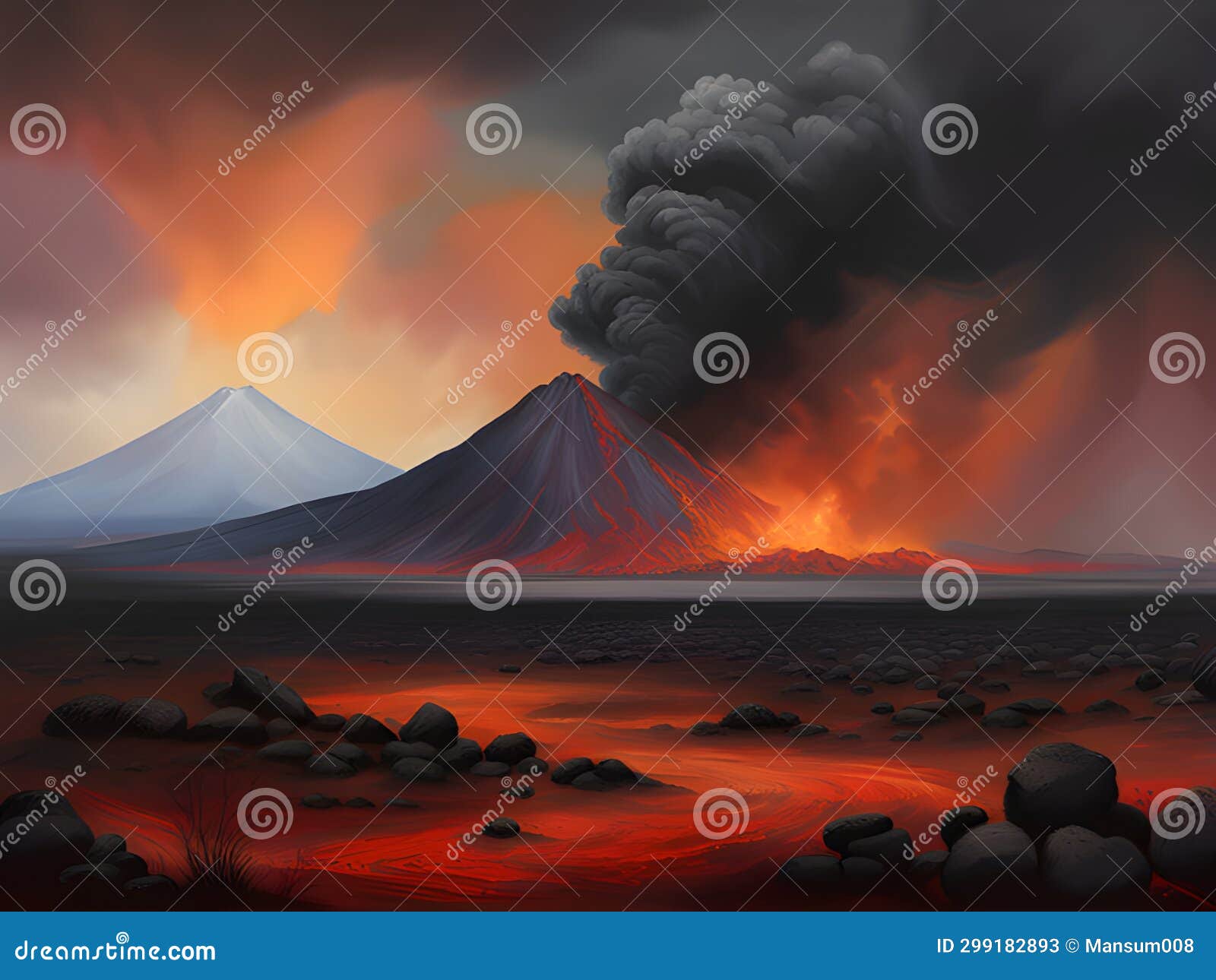 A Beautiful View of the Red Hot and Yellow Volcano in the Middle Stock