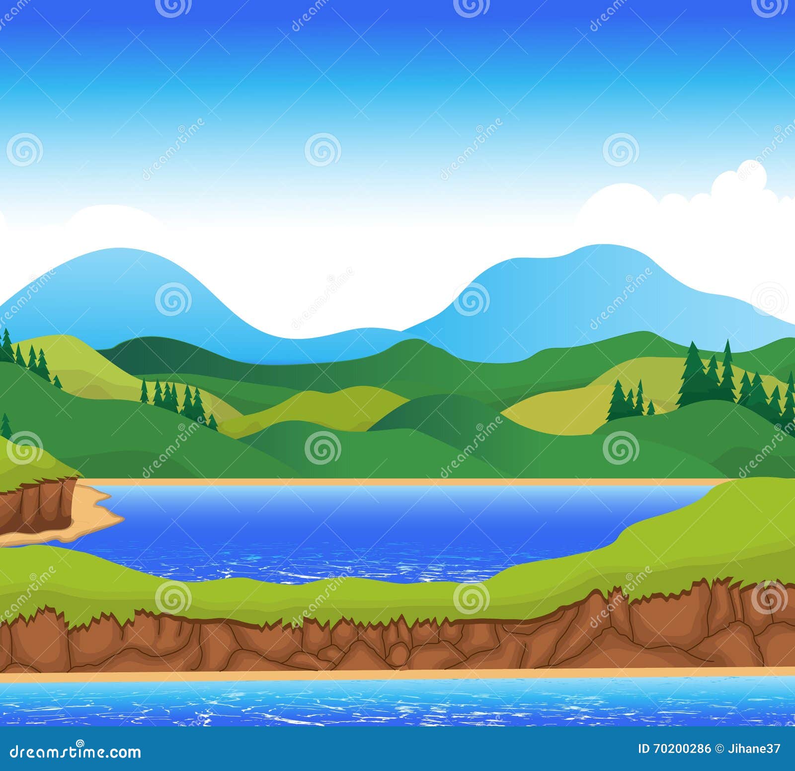 Beautiful View of River Cartoon with Mountain Landscape Background ...