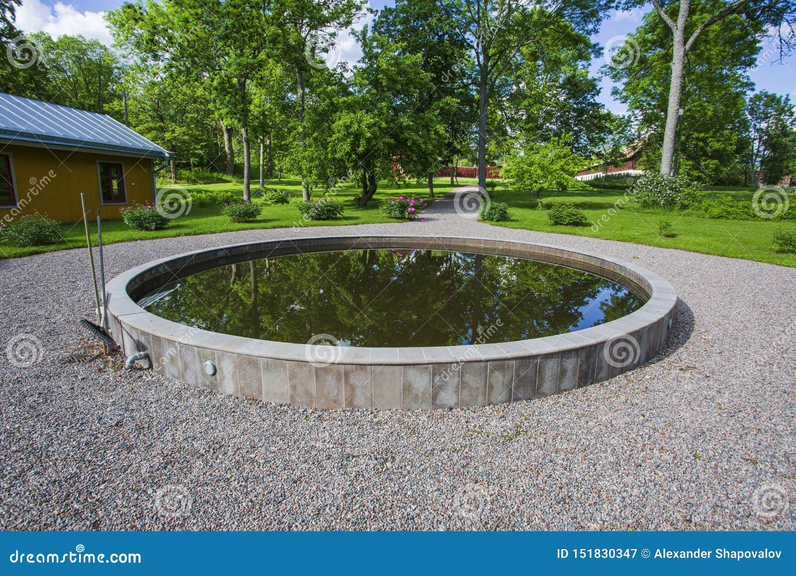Beautiful View of Round Decorative Outdoor Fish Pond on Green Trees  Background. Outdoor Landscape Design Concept Stock Image - Image of tree,  round: 151830347