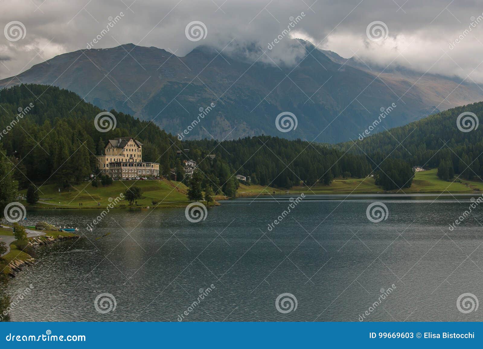 beautiful view of sankt moritz lake, upper engadine, canton of graubunden