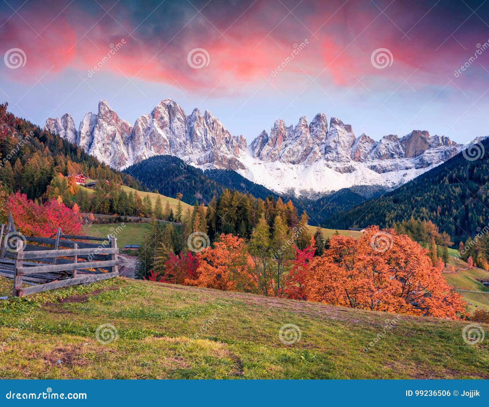 beautiful view of santa maddalena village in front of the geisler or odle dolomites group. colorful autumn sunset in dolomite alps