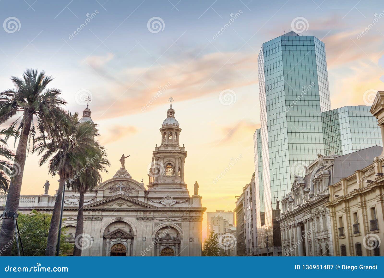 plaza de armas square and santiago metropolitan cathedral at sunset - santiago, chile