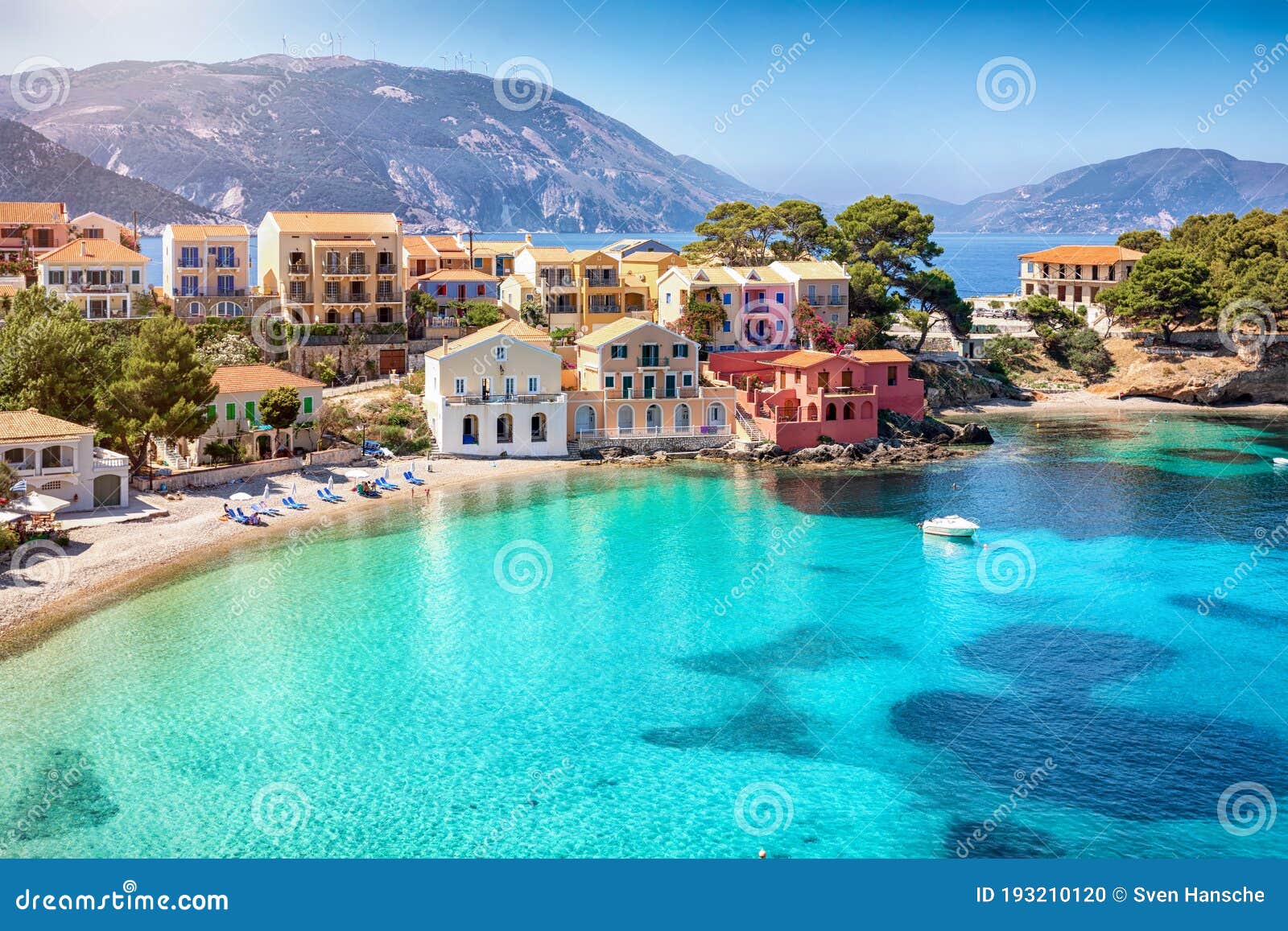 beautiful view to the little beach of the village assos, kefalonia, greece