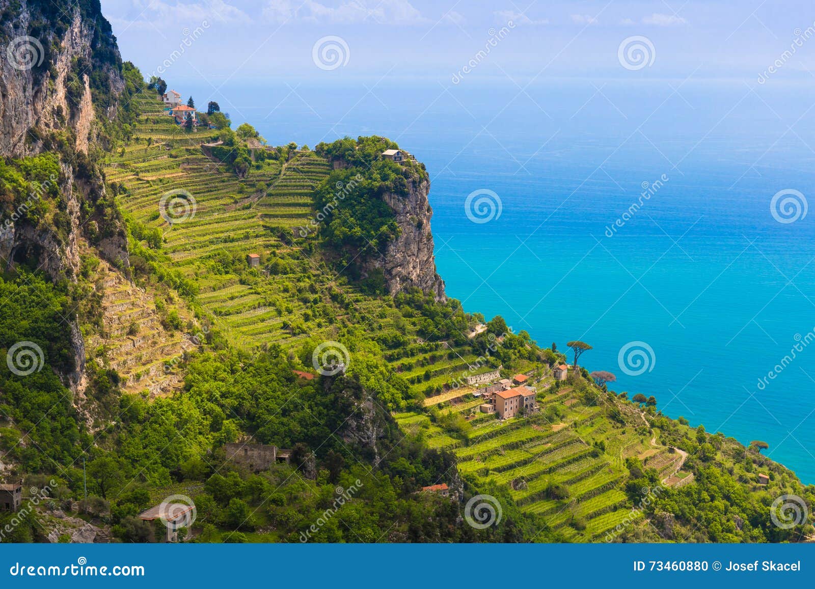beautiful views from path of the gods with lemon tree fields, amalfi coast, campagnia region, italy